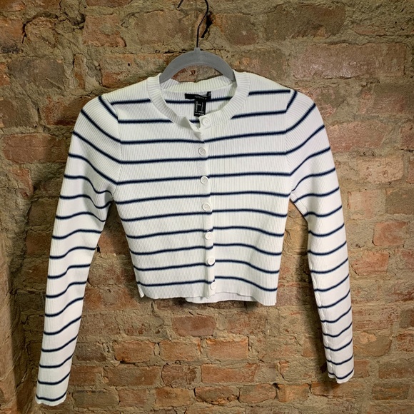 Sweaters - Cropped Blue and White Stripped Cardigan